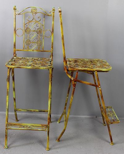 Pair of Ornate Wrought Iron Folding Bar Chairs