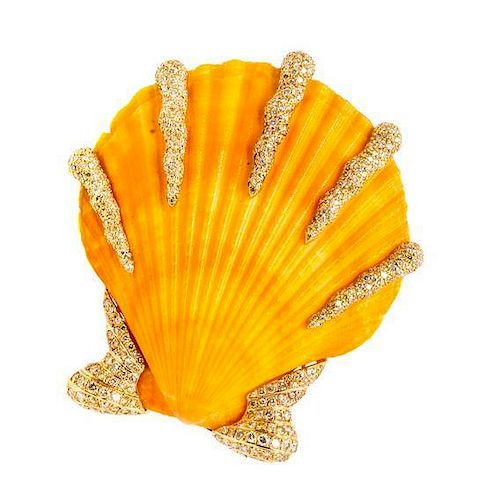 An 18 Karat Yellow Gold, Shell, Diamond and Colored Diamond Brooch, 26.50 dwts.