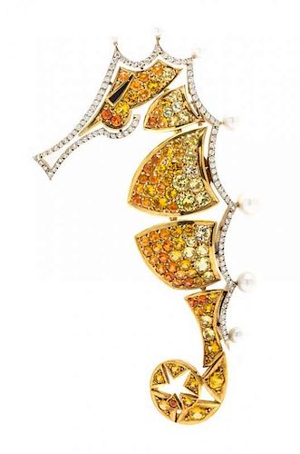 An 18 Karat Gold, Sapphire, Spessartite, Diamond, Cultured Pearl and Black Coral Seahorse Brooch, Gregore for Silverhorn, 15.30