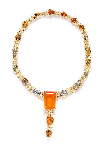 An 18 Karat Yellow Gold, Mexican Fire Opal, Diamond and Colored Diamond Necklace, Michael Youssoufian, 58.50 dwts.
