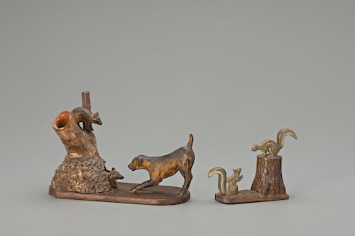 Two Carvings Depicting Raccoons and Squirrels