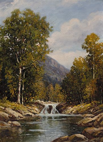 Harry H. Howe (1886-1968) Stream with Waterfall and Birch Trees