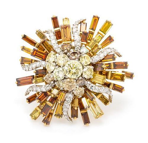 A Gold, Colored Diamond and Diamond Firework Brooch, 17.00 dwts.