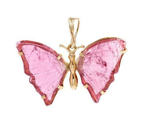 A 14 Karat Yellow Gold, California Pink Tourmaline and Diamond Butterfly Pendant, 3.60 dwts.
