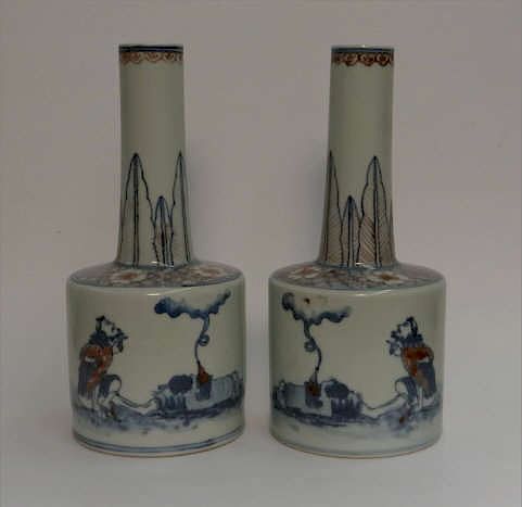 PR OF CHINESE BOTTLE VASES, HAND DECORATED 8 1/4"