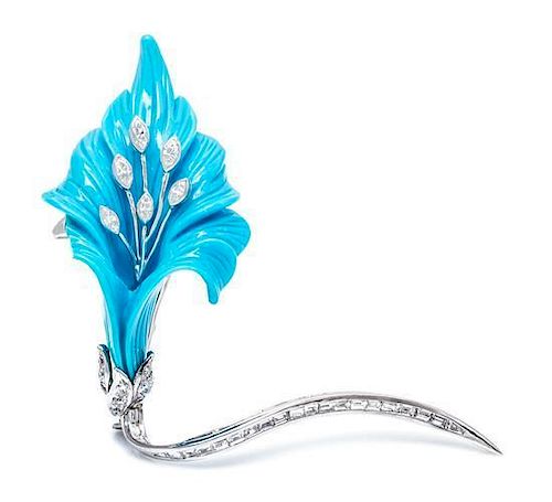 An 18 Karat White Gold, Diamond and Turquoise Brooch, 13.50 dwts.