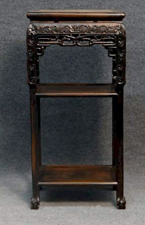 ORIENTAL CARVED TEAKWOOD STAND W/ MARBLE INSET