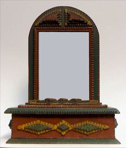 TRAMP ART MIRROR BOX IN RED, GREEN & YELLOW PAINT