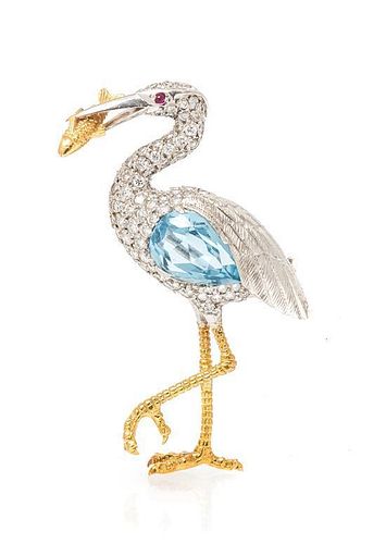 An 18 Karat Gold, Aquamarine, Diamond and Ruby Heron Brooch, 8.60 dwts.