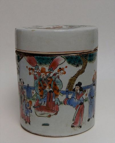 19THC. CHINESE HAND DECORATED CYLINDER CONTAINER