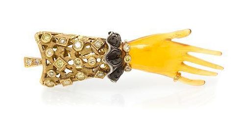 An 18 Karat Gold, Amber and Colored Diamond Dogaressas Hand Pendant/Brooch, Nardi, 13.70 dwts.