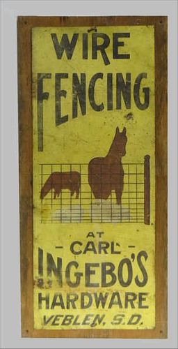 WIRE FENCING SIGN , METAL MOUNTED ON PINE BOARD