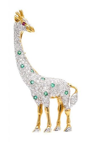 An 18 Karat Gold, Diamond, Ruby and Emerald Giraffe Brooch, 11.50 dwts.