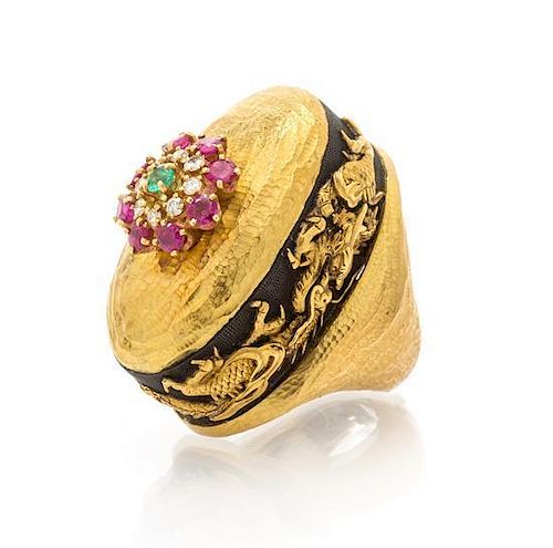 A Yellow Gold, Shakudo, Ruby, Diamond and Emerald Ring, Diane Love, 45.30 dwts.