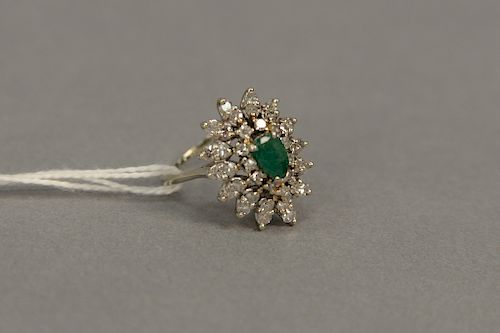 14 karat white gold cocktail ring with pear shaped emerald in center approximately 1.15 carats, 39 round diamonds around emerald in ...