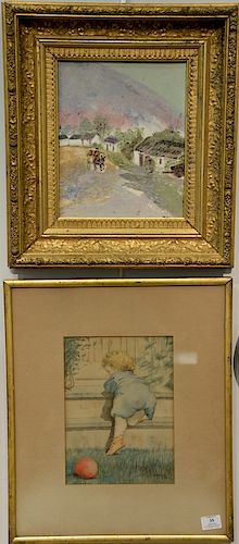 Two framed pieces to include framed porcelain plaque marked D.G. Quinan (13" x 11 1/2") and watercolor on paper, Young Boy with ball...