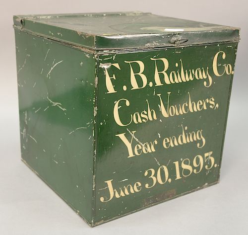 Railroad tin box marked: "F.B. Railway Co. Cash Vouchers, Year ending June 30, 1895.", 19th century. ht. 14 3/4in., wd. 14 1/2in.