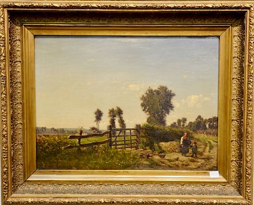 Emile Charles Lambinet (1815-1877) oil on panel, country farm landscape with boy and mother, signed and dated lower left: Emile Lamb...