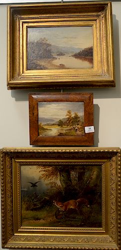 Three framed oil paintings to include Small One of Man Along River, signed illegibly (6" x 8"); Fall River Landscape, unsigned (8" x...