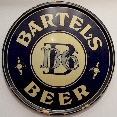 Bartels Beer, pre-prohibition advertising tin sign. dia. 18 1/4in.