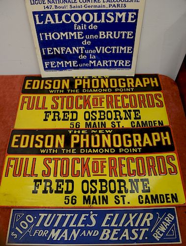 Group of five advertising signs including two "The New Edison Phonograph with the Diamond Point Full Stock of Records Fred Osborne",...