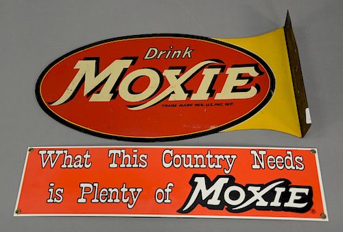 Two Moxie advertising signs, double sided "Drink Moxie" (9" x 18") and "What this Country Needs is Plenty of Moxie" enameled reprodu...