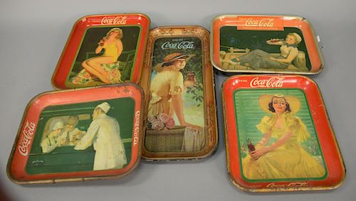 Group of five original Coca-Cola tin advertising trays. lg. 13in. to 19in.