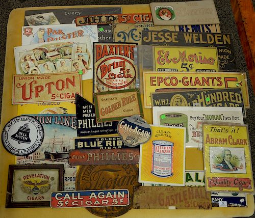 Large group of advertising signs (mostly tin cigar signs) to include Grothe's Revelation Cigars, Union made, Jesse Welden, Epco, Cin...