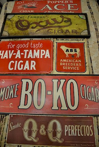 Six advertising signs to include Popper's Ace, A Better Smoke cigar tin sign; Oxus Tin Cigar; Hav-A-Tampa; BO-KO; Q and Q Perfectos...