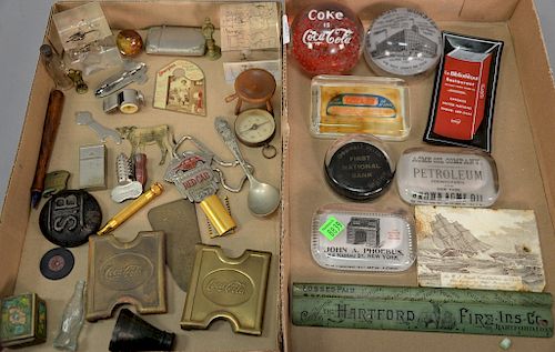 Two tray lots with advertising items including Coca-Cola belt buckles, Wells Fargo paperweights, Hartford Fire Ins., Jones McDuffee ...