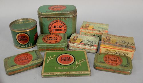 Nine vintage tobacco tins including six Lucky Strike Tobacco Cigarette tins and three B.F. Gravely's Plug Cut Henry County Virginia ...