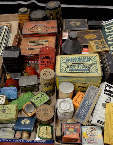 Four tray lots of advertising tins and boxes including Sheik Condom tin, Materia Medica, Trojan Blasting Caps crayon, Barber Milling...
