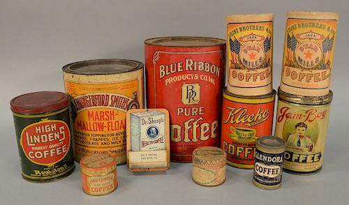 Two boxes of ten coffee tins and boxes, advertising pieces to include Jam-Boy Coffee, Hungerford Smith's Marsh-Mallow-Float, Kleeko,...
