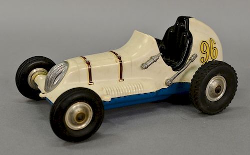 Roy Cox Tether Race Car Thimble Drome Champion made in Santa Ana Calif #96 white and blue. ht. 3 3/4in., lg. 10in.