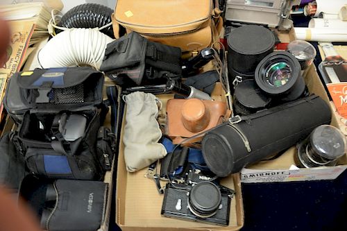 Five box lots to include a group of camera lights and lenses: Nikon, Nikkor 28mm lens, Argus, Canon, Minolta, Vivitar Series 1 70-21...
