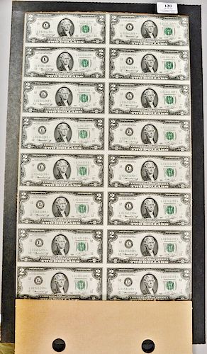 Uncut sheet of sixteen two dollar bills. 21" x 12"