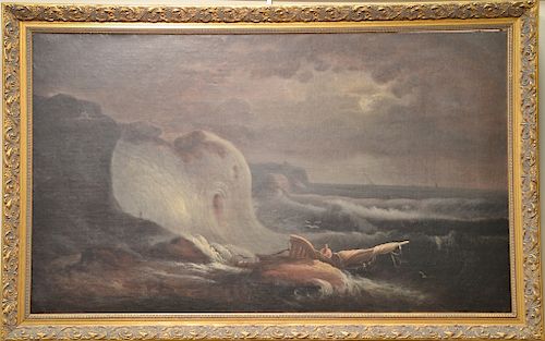 Large oil on canvas, Shipwreck in Storm, unsigned, 25" x 32".