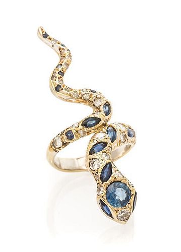 An 18 Karat White Gold, Diamond and Sapphire Serpent Ring, J. Vendome, 5.70 dwts.