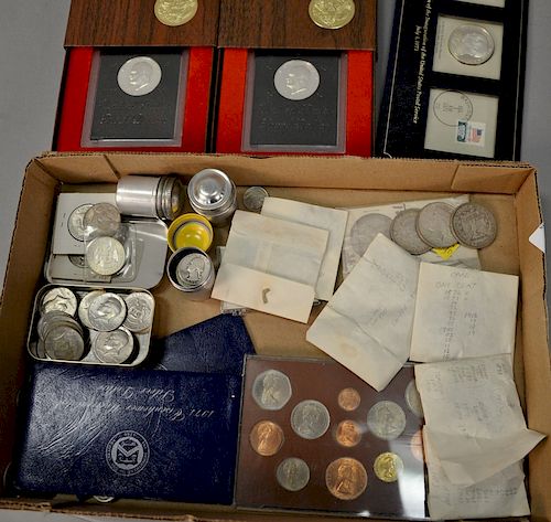 Coin lot including five silver dollars, seven Kennedy 1964, plus partial roll of silver quarters, Canadian large cents and half cent...