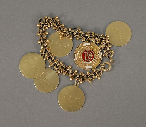 14 karat gold charm bracelet and round charms (small round clasp is plated) 38.7 grams.