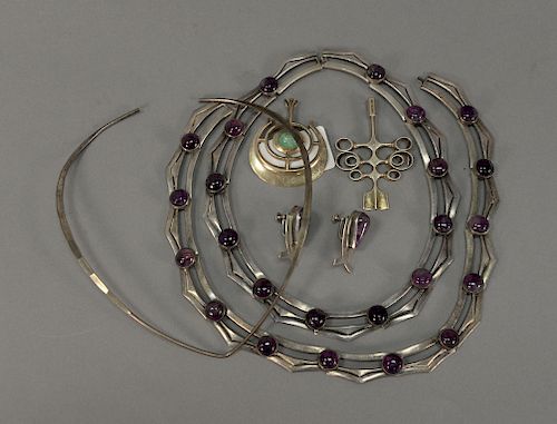 Two Beckman sterling silver Mexico necklaces with matching earrings, David Andersen sterling Denmark necklace and two pendants.