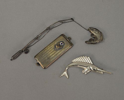Sterling silver three piece lot to include fishing rod and trout pin, marlin pin, and small case.