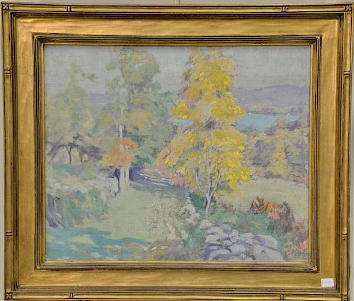 Attributed to Breta Longacre (early 20th century) oil on canvas, fall landscape, unsigned, in gilt frame, 14" x 17".