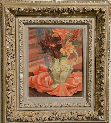 Dorothy Ochtman (1892-1971) oil on board, "Dahlias with Orange Drapery", still life with flowers, signed lower left: Dorothy Ochtman...