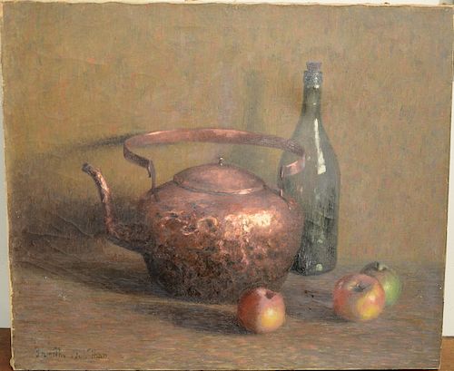 Dorothy Ochtman (1892-1971) oil on canvas, still life with kettle, bottle, and apples, signed lower left: Dorothy Ochtman, 20" x 24".