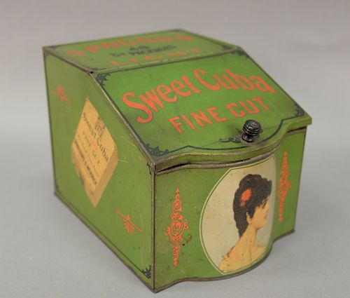 Vintage "Sweet Cuba Fine Cut" tobacco advertising tin, Spaulding and Merrick. ht. 8in., wd. 8 1/4in.
