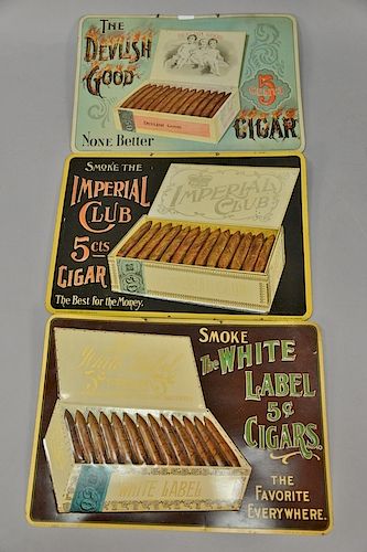 Three cigar tobacco tin advertising signs including The Devilish Good (10" x 13 3/4"), Imperial Club Cigar (10" x 13 3/4"), and The ...