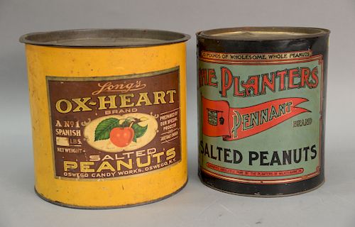 Two round peanut advertising tins, 10 lbs "The Planters Pennant Salted Peanuts" can (ht. 9 3/4in.) and Longs Ox-Heart Brand Salted P...