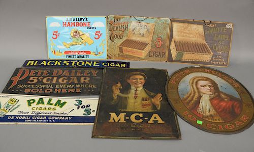 Group of eight assorted cigar advertising signs to include Peter Schuyler 10 cent sign; J.P. Alley's Hambone Sweets 5 cent Cigars; B...
