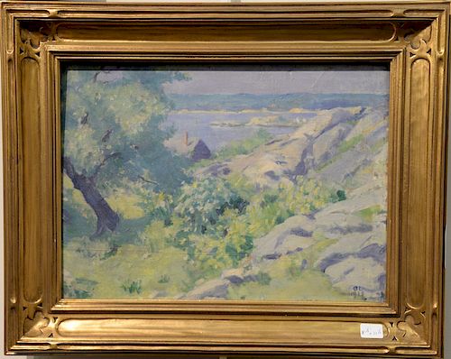 Breta Longacre (early 20th century) oil on panel, shoreline with house, initialed and dated lower right: BL 1915, 8 1/2" x 11 1/2".